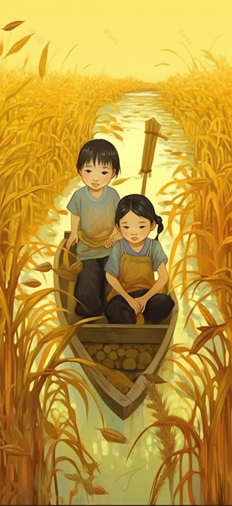 稻谷田间人物卡通插画竖版,插画/手绘图,插画/手绘图库,插画/手绘图下载,插画/手绘